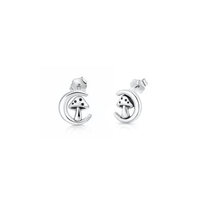 Sterling Silver Oxidized And Polished 8.7mm Moon And Mushroom Earrings