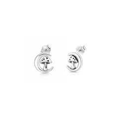 Sterling Silver Oxidized And Polished 8.7mm Moon And Mushroom Earrings