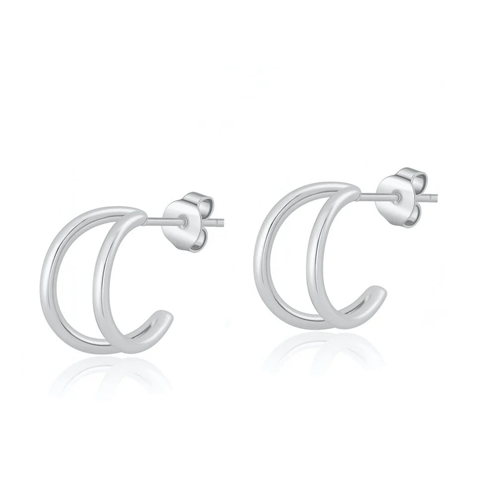 Sterling Silver Rhodium Plated And Polished Double Hoop Earrings