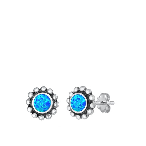 Sterling Silver Oxidized And Polished Round Blue Lab Opal Earrings