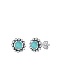 Load image into Gallery viewer, Sterling Silver Oxidized 9mm Round Genuine Turquoise Stone Earrings