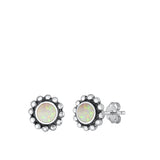 Sterling Silver Oxidized Round White Lab Opal Earrings