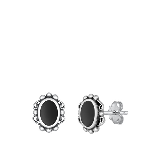 Sterling Silver Oxidized Oval Black Agate Stone Earrings