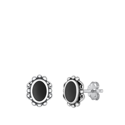 Sterling Silver Oxidized Oval Black Agate Stone Earrings
