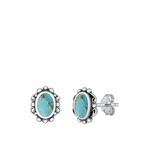Sterling Silver Oxidized Oval Genuine Turquoise Stone Earrings