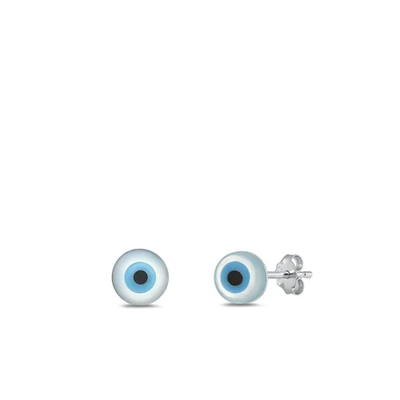Sterling Silver Rhodium Plated Mother Of Pearl Evil Eye Stone Earrings