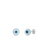 Sterling Silver Rhodium Plated Mother Of Pearl Evil Eye Stone Earrings