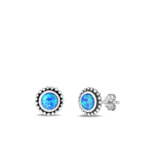 Load image into Gallery viewer, Sterling Silver Oxidized Round Blue Lab Opal Earrings