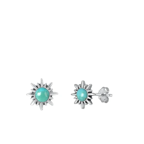 Sterling Silver Oxidized Sun Genuine Turquoise Stone Earrings