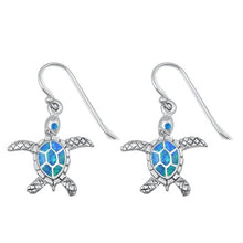 Load image into Gallery viewer, Sterling Silver Rhodium Plated Blue Lab Opal Turtle Earring-17.5mm