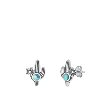 Load image into Gallery viewer, Sterling Silver Oxidized Cactus Genuine Turquoise Stone Earrings