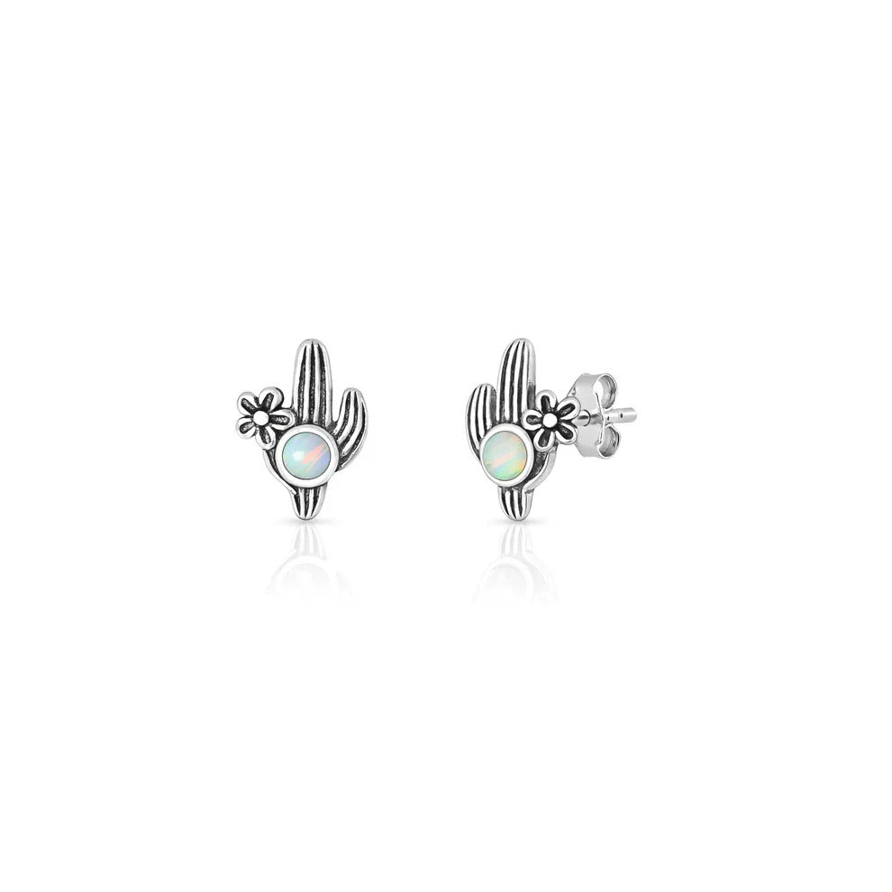 Sterling Silver Oxidized And Polished White Lab Opal Cactus Earrings