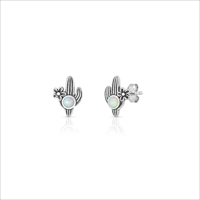Sterling Silver Oxidized And Polished Cactus White Lab Opal Earrings