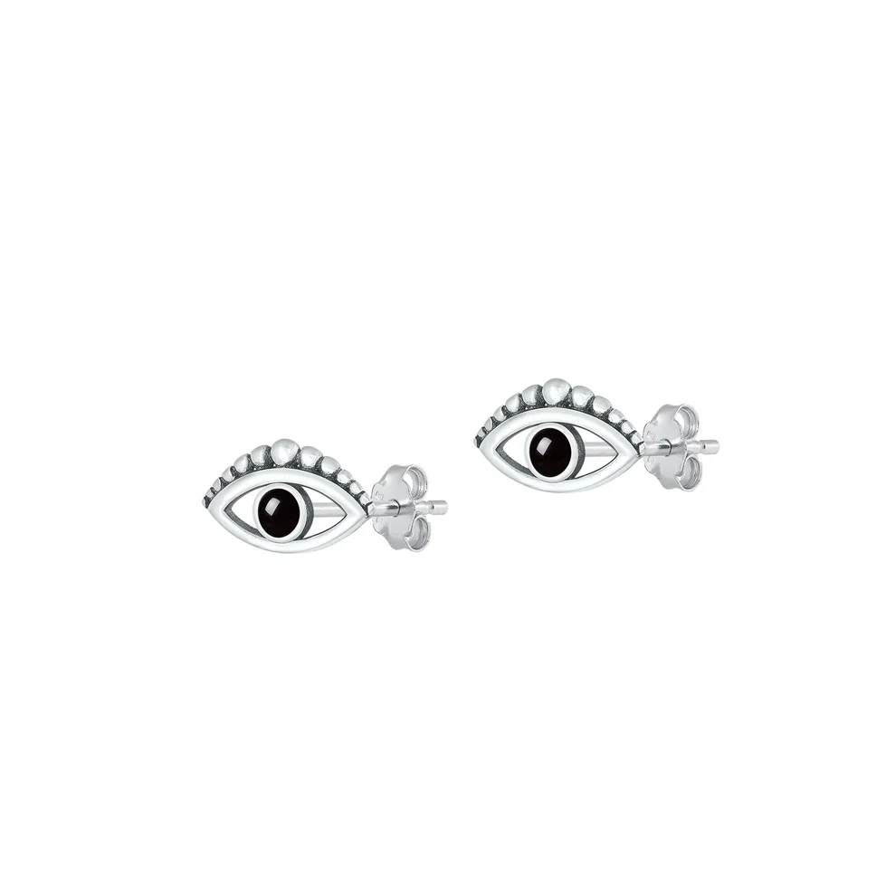 Sterling Silver Oxidized Eye Black Agate Stone Earrings