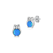 Load image into Gallery viewer, Sterling Silver Oxidize Owl Blue Lab Opal Earrings