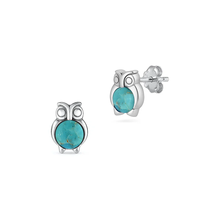 Load image into Gallery viewer, Sterling Silver Oxidize Owl Genuine Turquoise Stone Earrings