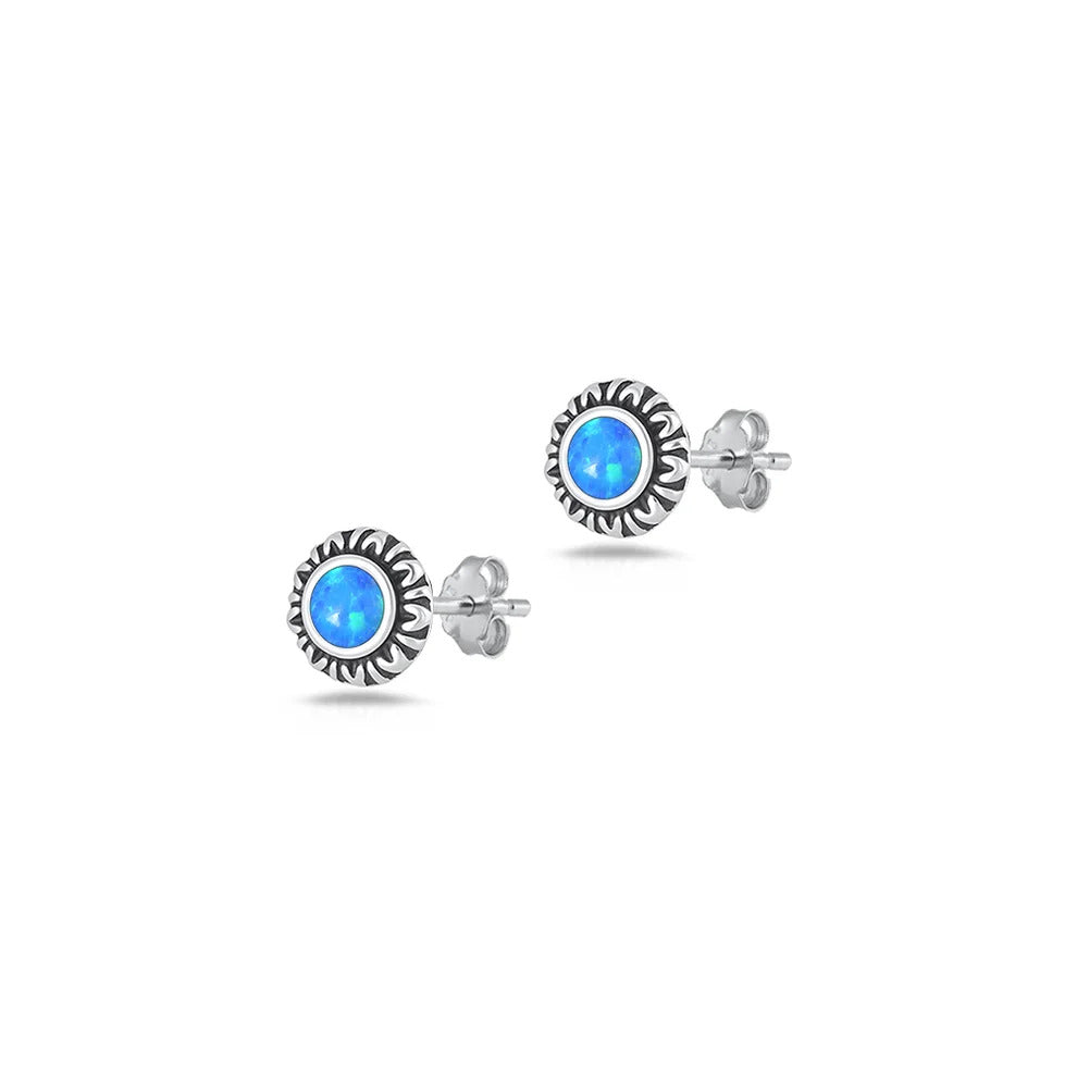 Sterling Silver Oxidized And Polished Blue Lab Opal Sunburst Earrings