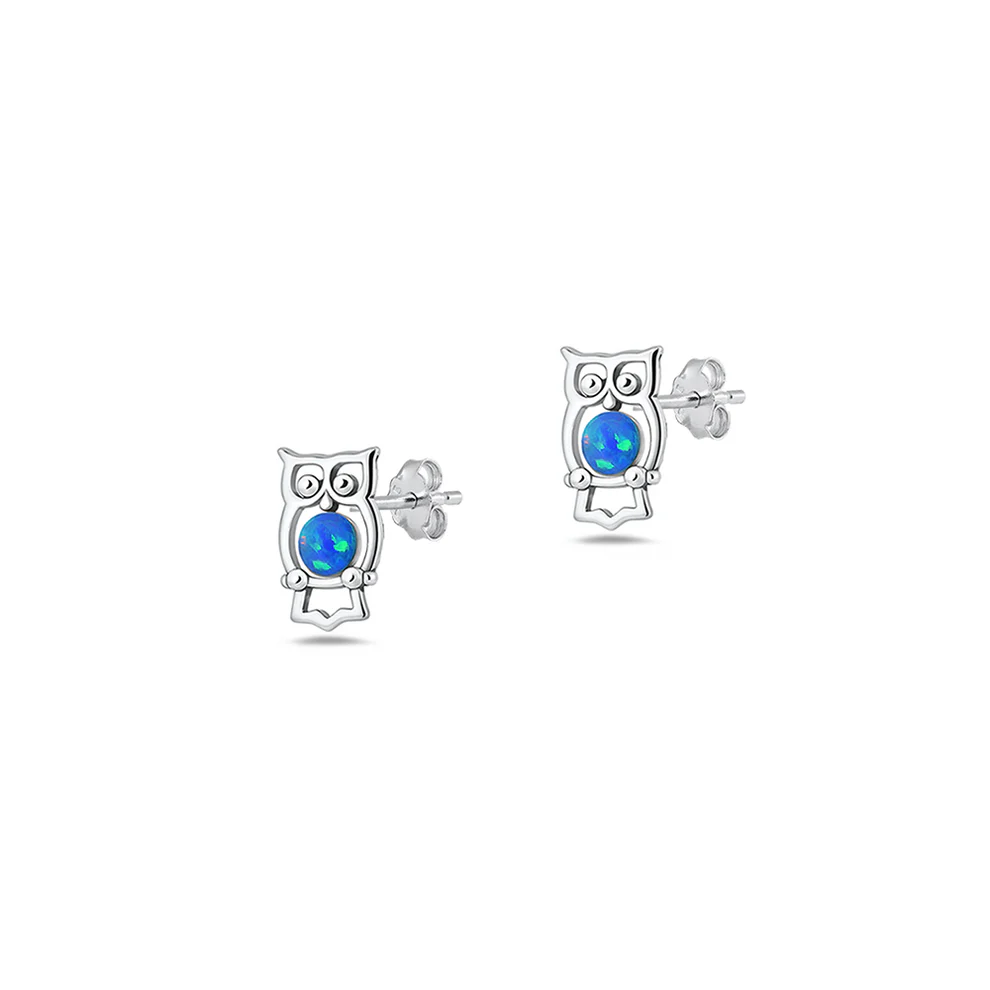 Sterling Silver Oxidized And Polished Owl Blue Lab Opal Earrings