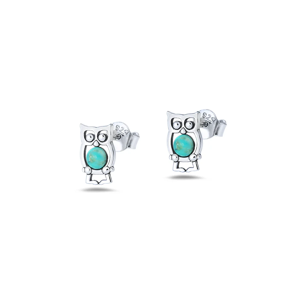 Sterling Silver Oxidized And Polished Owls Turquoise Stone Earrings