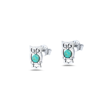 Load image into Gallery viewer, Sterling Silver Oxidized And Polished Owls Turquoise Stone Earrings