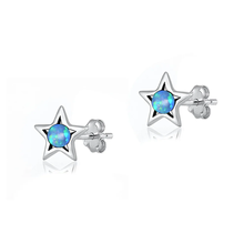 Load image into Gallery viewer, Sterling Silver Oxidized And Polished Star Blue Lab Opal Earrings