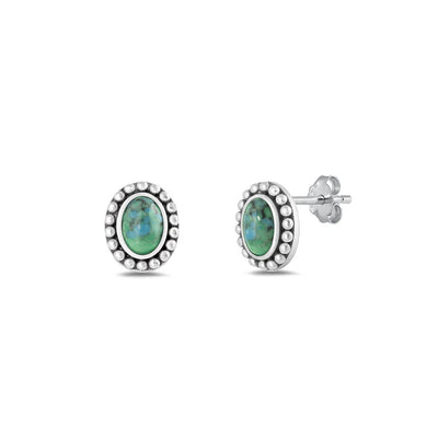 Sterling Silver Oxidized Oval Genuine Turquoise Stone Earrings