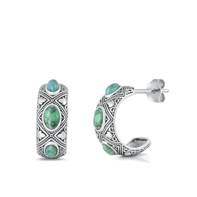 Sterling Silver Oxidized Half Hoop Genuine Turquoise Stone Earrings