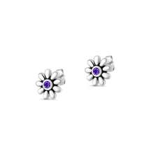 Load image into Gallery viewer, Sterling Silver Oxidized And Polished Daisy Amethyst CZ Earrings