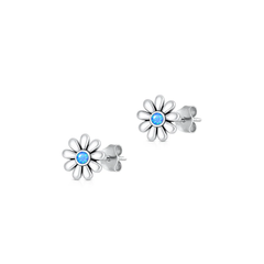 Sterling Silver Oxidized And Polished Flower Blue Lab Opal Earrings