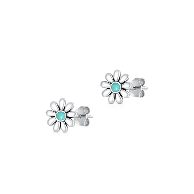 Sterling Silver Oxidized And Polished Flower Genuine Turquoise Stone Earrings