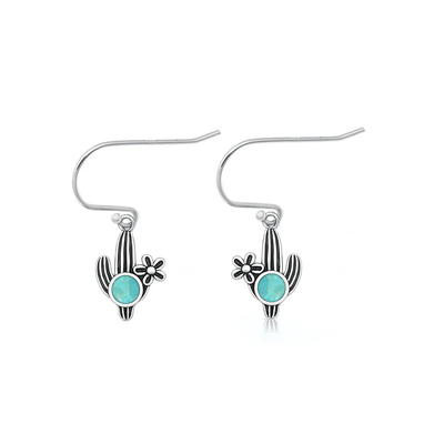Sterling Silver Oxidized And Polished Cactus Turquoise Stone Earrings