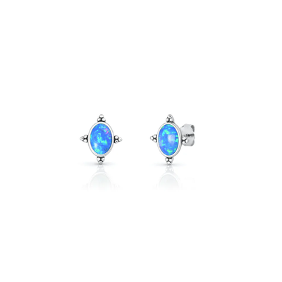 Sterling Silver Oxidized And Polished Bali Style Blue Lab Opal Earrings