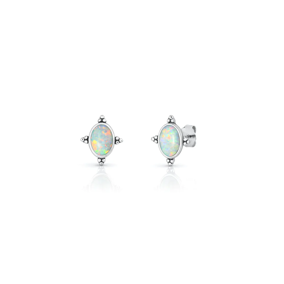 Sterling Silver Oxidized And Polished Bali Style White Lab Opal Earrings
