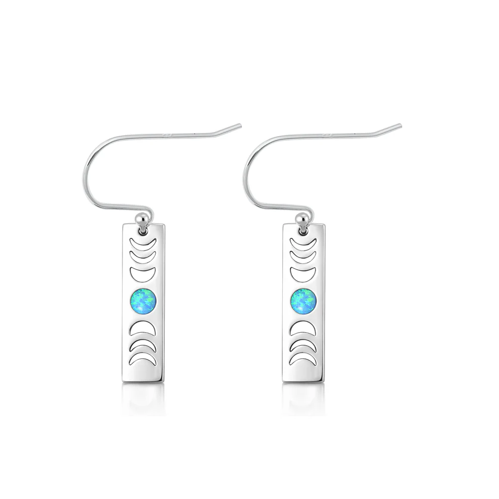 Sterling Silver Oxidized And Polished Moon Phases Blue Lab Opal Earrings