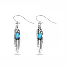 Load image into Gallery viewer, Sterling Silver Oxidized And Polished Blue Lab Opal Feather Earrings