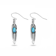 Load image into Gallery viewer, Sterling Silver Oxidized And Polished Feather Blue Lab Opal Earrings
