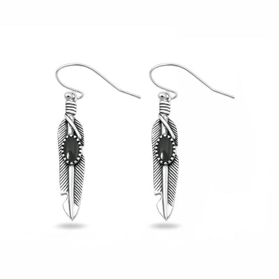 Sterling Silver Oxidized And Polished Black Onyx Feather Earrings