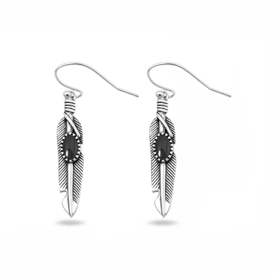 Sterling Silver Oxidized And Polished Feather Black Onyx Stone Earrings