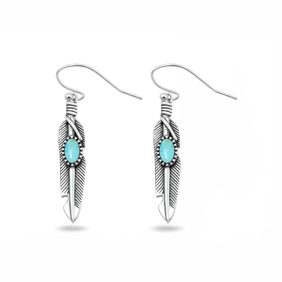 Sterling Silver Oxidized And Polished Feather Turquoise Stone Earrings