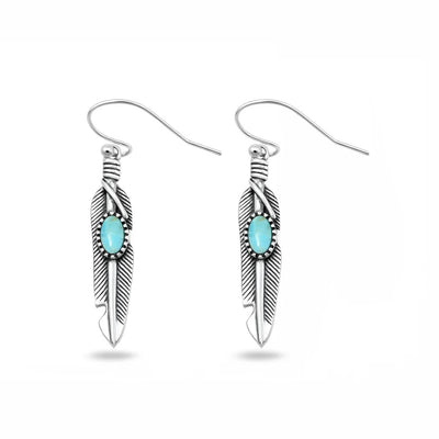 Sterling Silver Oxidized And Polished Turquoise Feather Earrings