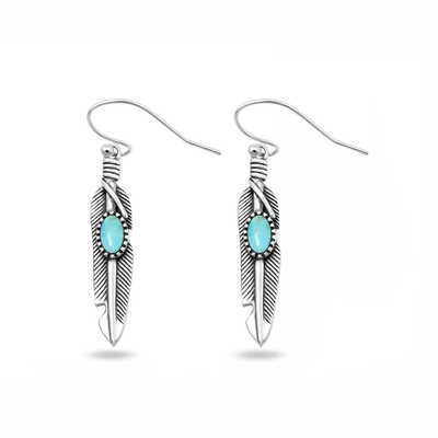 Sterling Silver Oxidized And Polished Feather Turquoise Stone Earrings