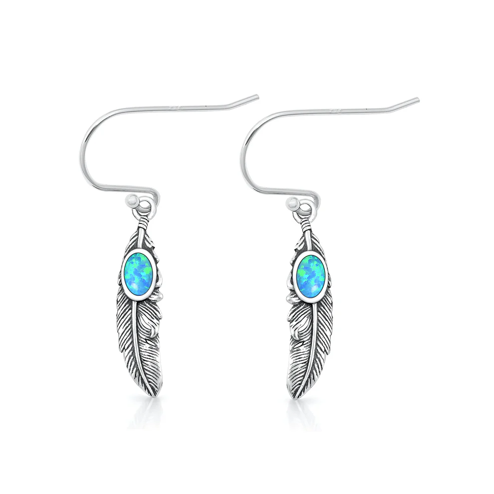Sterling Silver Oxidized And Polished Feathers Blue Lab Opal Earrings