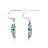 Sterling Silver Oxidized And Polished Feathers Blue Lab Opal Earrings
