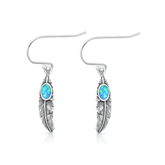 Sterling Silver Oxidized And Polished Feathers Blue Lab Opal Earrings