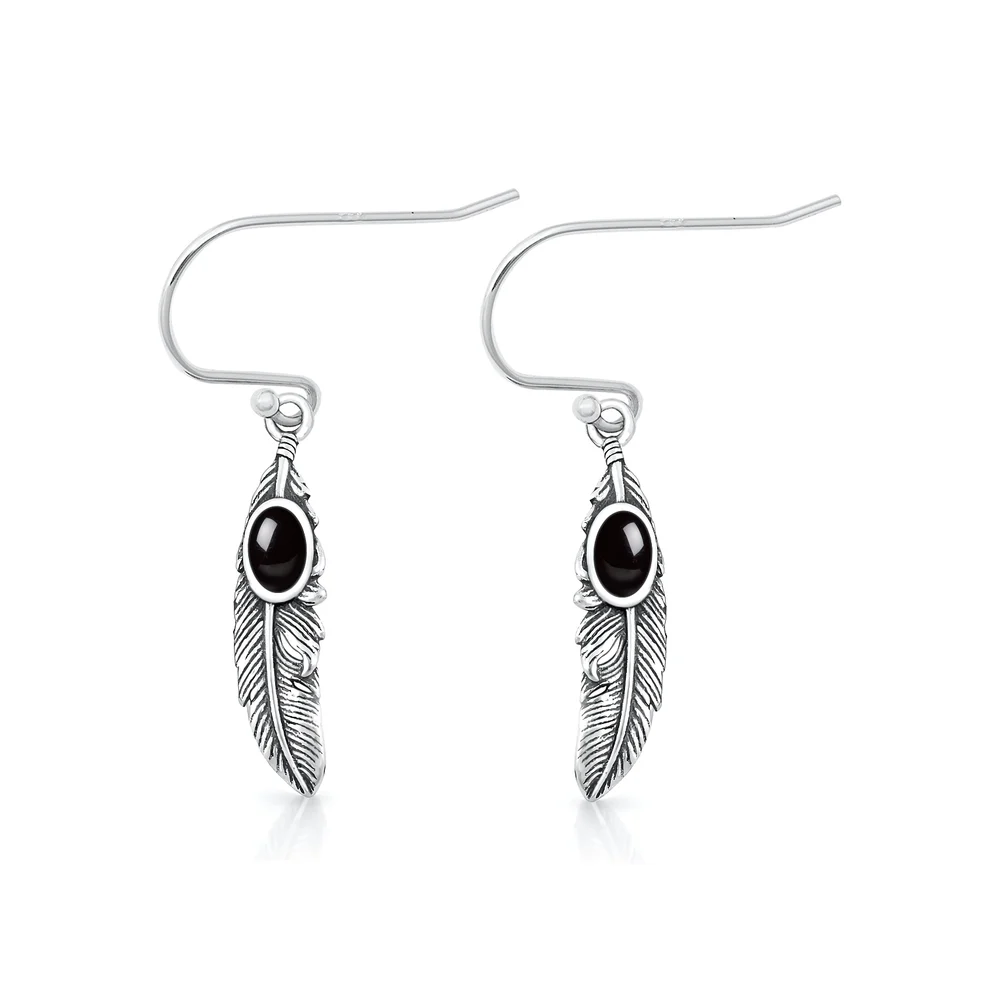Sterling Silver Oxidized And Polished Feathers Black Onyx Stone Earrings