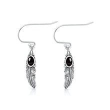Load image into Gallery viewer, Sterling Silver Oxidized And Polished Feathers Black Onyx Stone Earrings