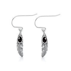 Sterling Silver Oxidized And Polished Feathers Black Onyx Stone Earrings