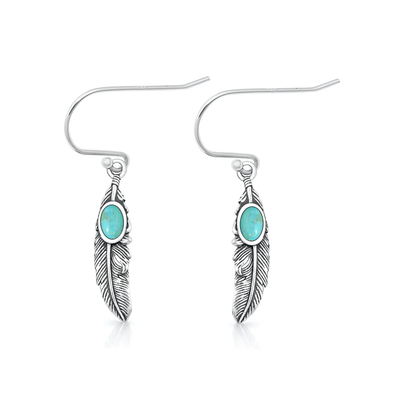 Sterling Silver Oxidized And Polished Feathers Genuine Turquoise Stone Earrings