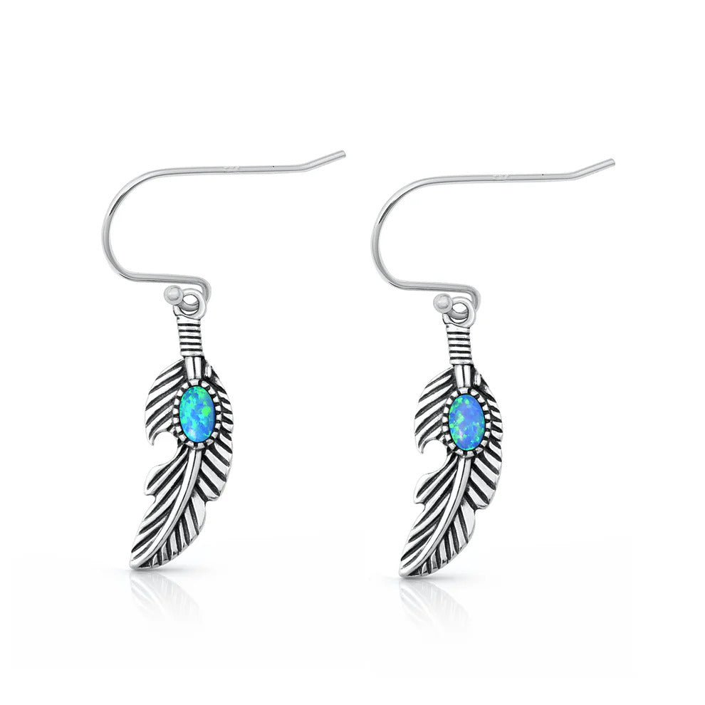 Sterling Silver Oxidized And Polished Feather Blue Lab Opal Earrings