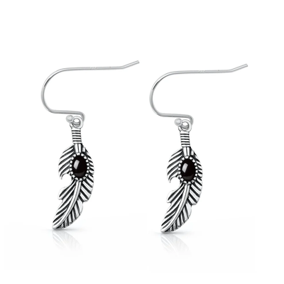 Sterling Silver Oxidized And Polished Black Onyx Stone Feathers Earrings